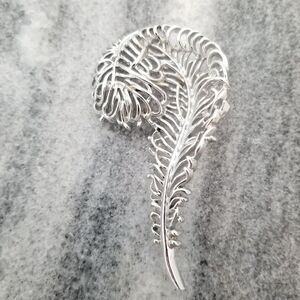 Vintage SAC Feather Shaped Brooch, Silver Tone, Large Statement, Lapel Pin, Sign